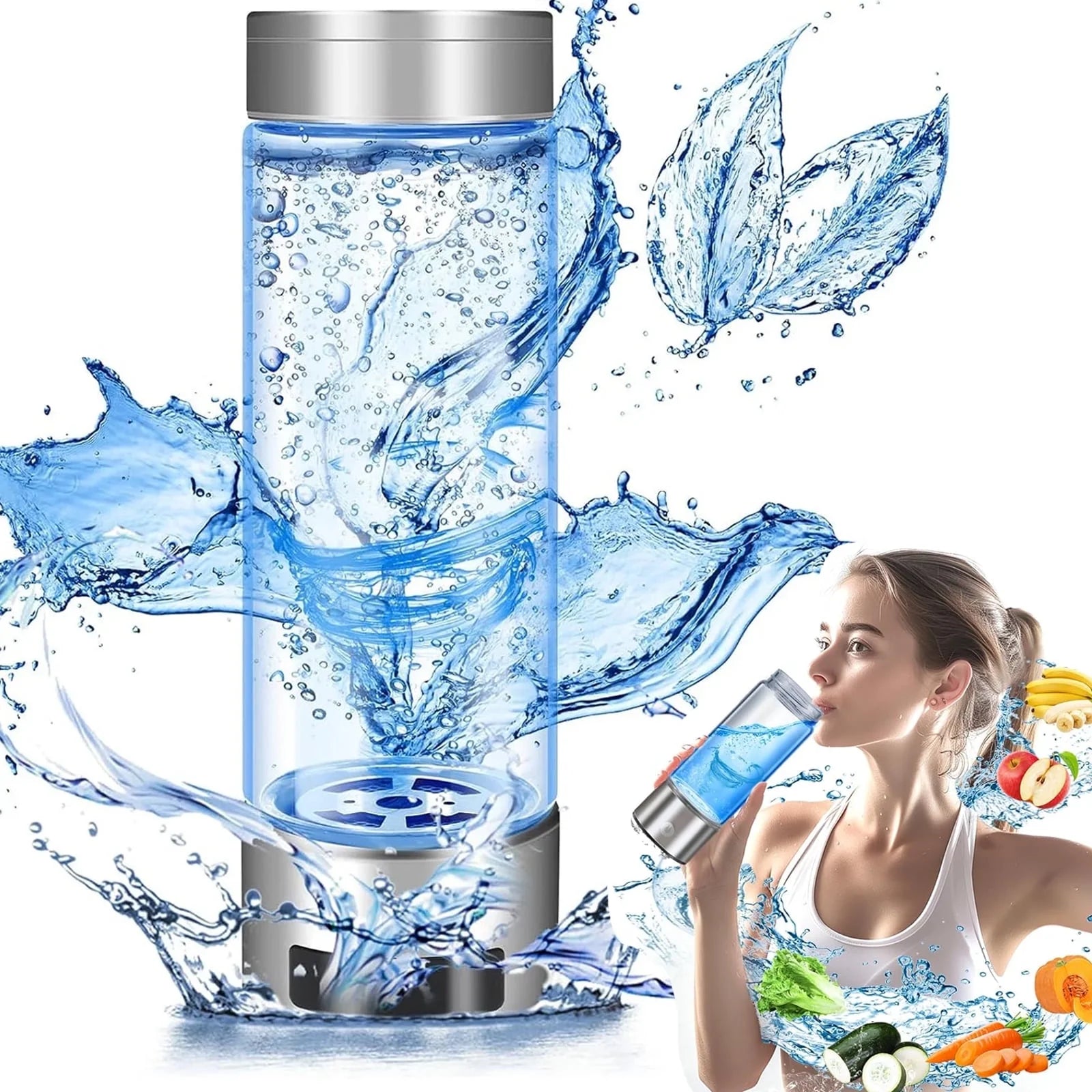 Hydrogen Water Bottle, Double Layer Glass Health Mug Generator, USB Rechargeable Ionized Water Generator Machine for Home Office Travel, Silver