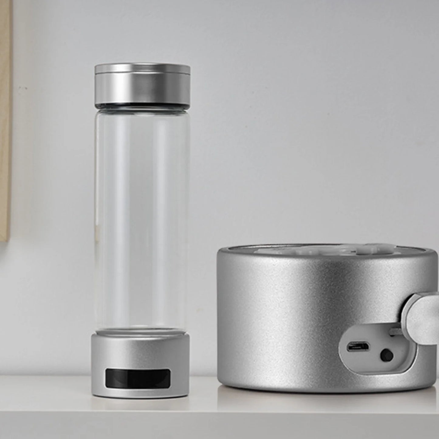 Hydrogen Water Bottle, Double Layer Glass Health Mug Generator, USB Rechargeable Ionized Water Generator Machine for Home Office Travel, Silver