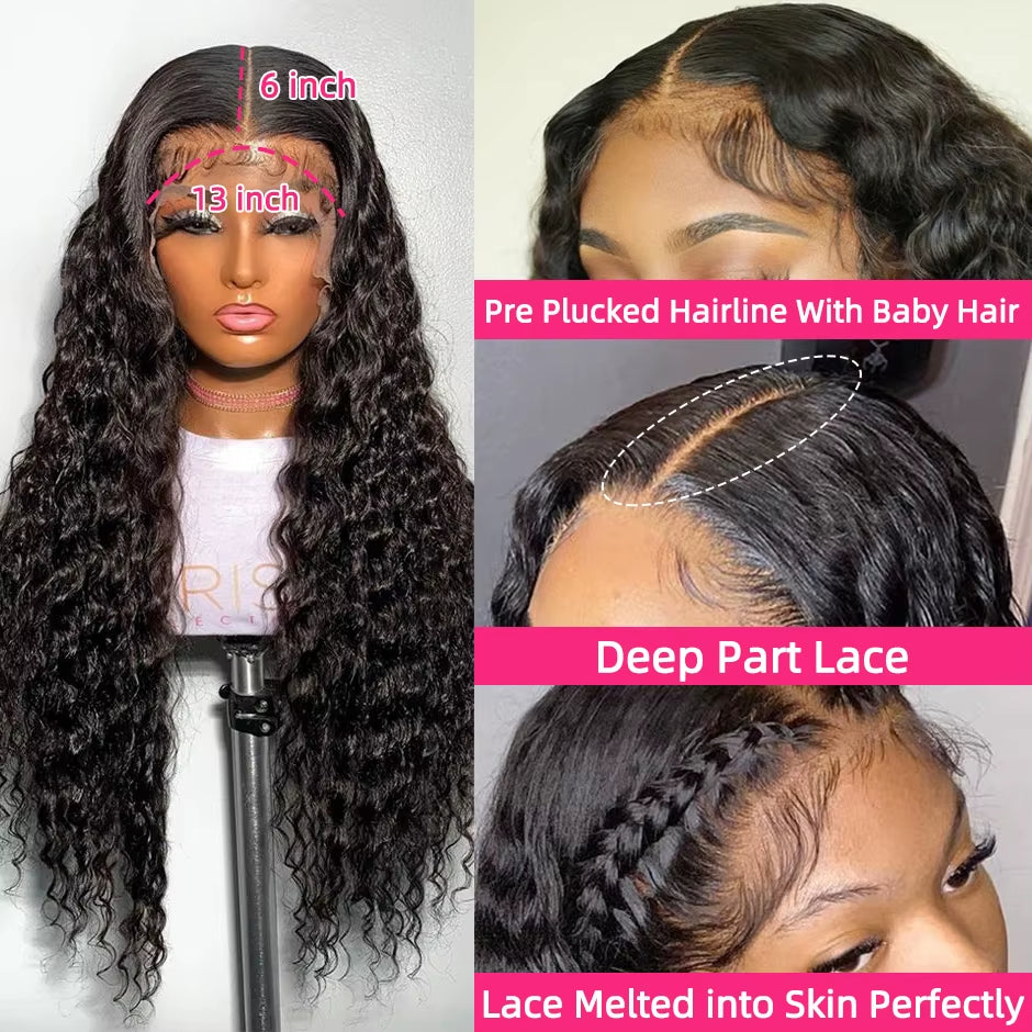 Hair Water Wave 13X6 HD Lace Frontal Wigs Brazilian Wigs 100% Human Hair for Women Deep Curly Wigs Preplucked Precut